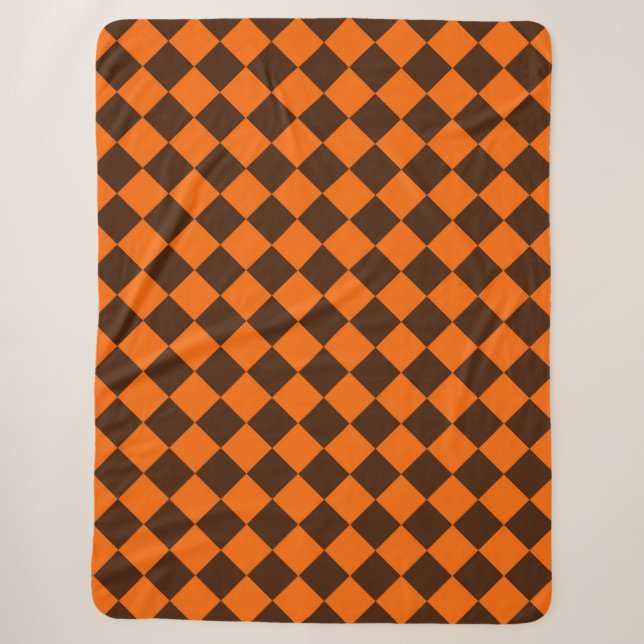 Orange Brown Diamond Chequered Pattern Sherpa Blanket (Front)
