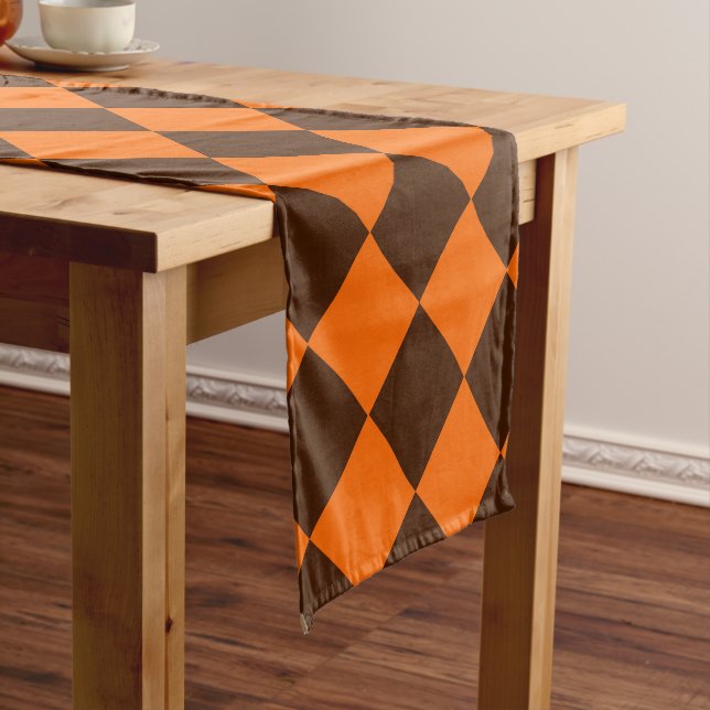 Orange Brown Diamond Chequered Pattern Short Table Runner (In Situ)