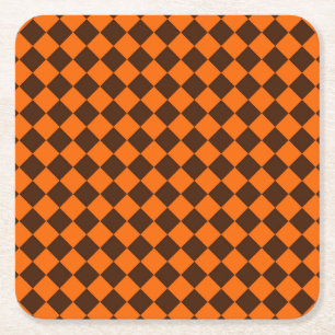 Orange Brown Diamond Chequered Pattern Square Paper Coaster