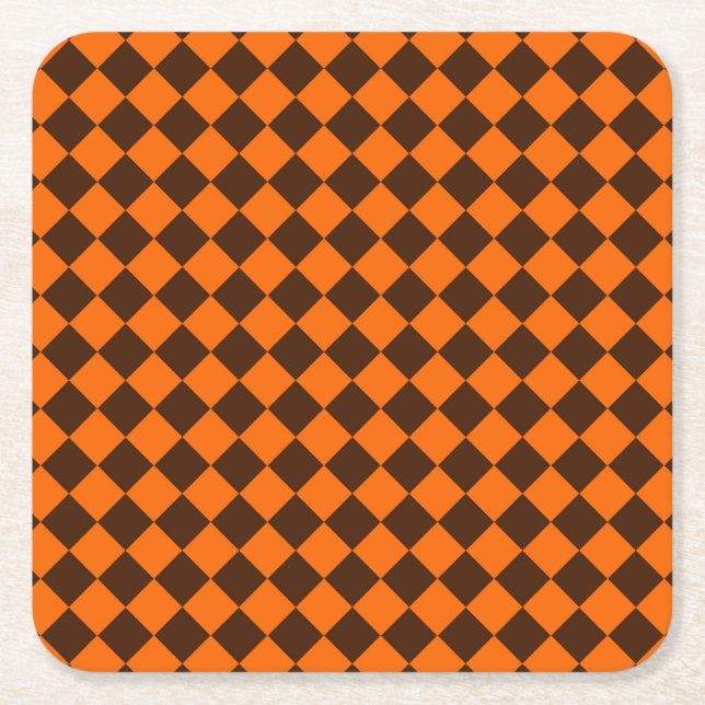 Orange Brown Diamond Chequered Pattern Square Paper Coaster (Front)