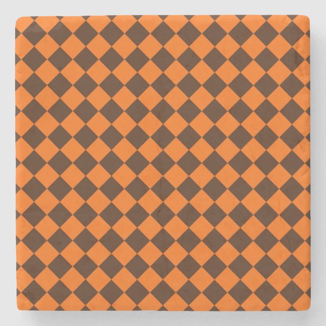 Orange Brown Diamond Chequered Pattern Stone Coaster (Front)