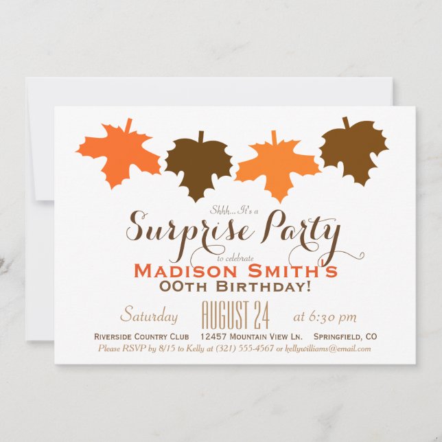 Orange & Brown Fall Leaves Birthday Surprise Party Invitation (Front)