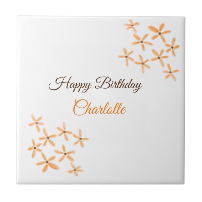 Orange brown flower happy birthday add name cutie  ceramic tile (Front)