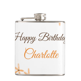 Orange brown flower happy birthday add name cutie  hip flask