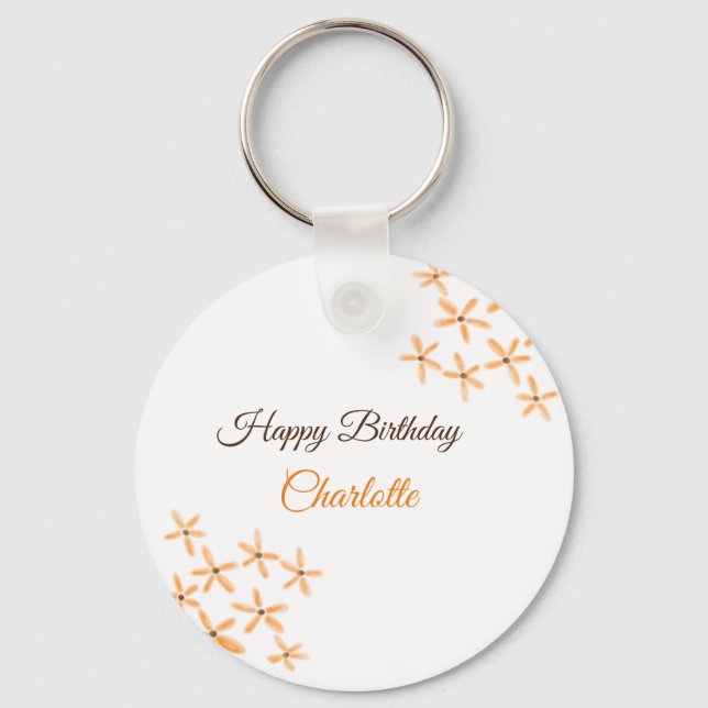 Orange brown flower happy birthday add name cutie  key ring (Front)