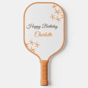 Orange brown flower happy birthday add name cutie  pickleball paddle