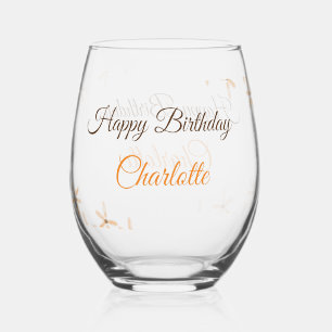 Orange brown flower happy birthday add name cutie stemless wine glass
