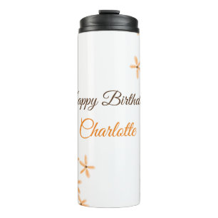 Orange brown flower happy birthday add name cutie thermal tumbler