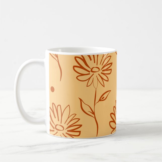 Orange Brown Flower Outline Pattern Coffee Mug (Left)