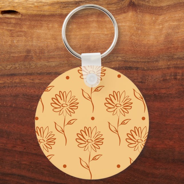 Orange Brown Flower Outlines Pattern Double-Sided Key Ring (Front)