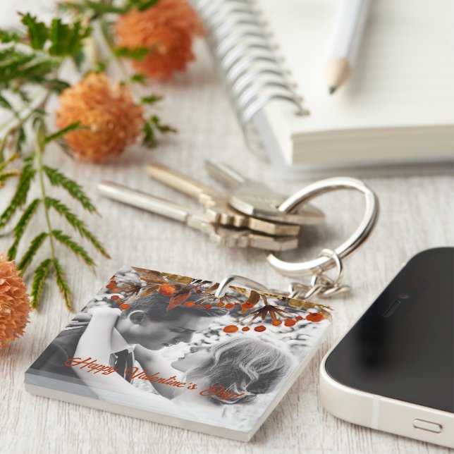 Orange Brown Foliage Valentine Add Your Own Photo Key Ring (Front Right)