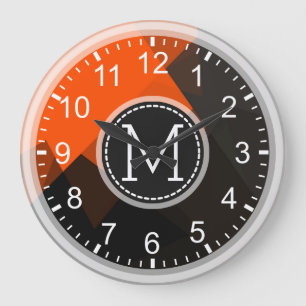 Orange Brown Mosaic Modern Monogram Large Clock