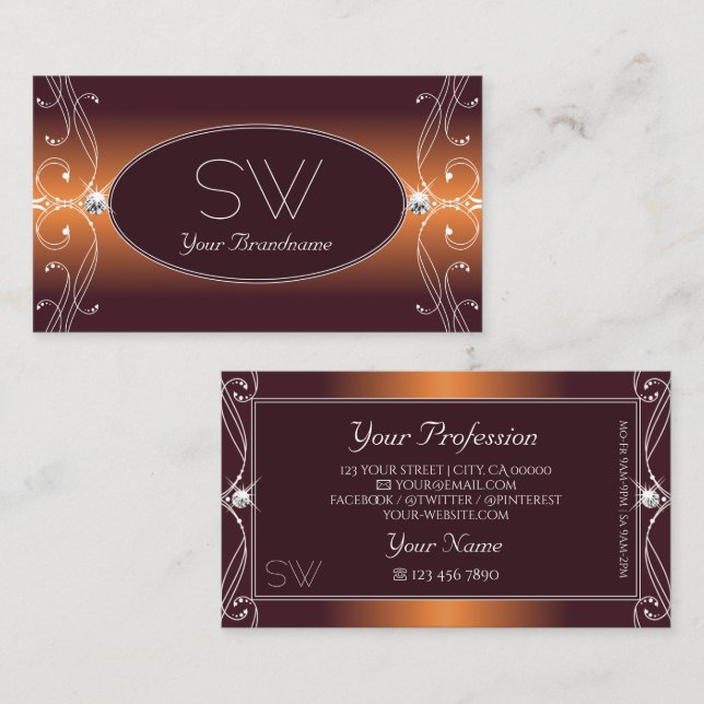 Orange Brown Ombre Ornate Sparkle Jewels Initials Business Card (Front/Back)
