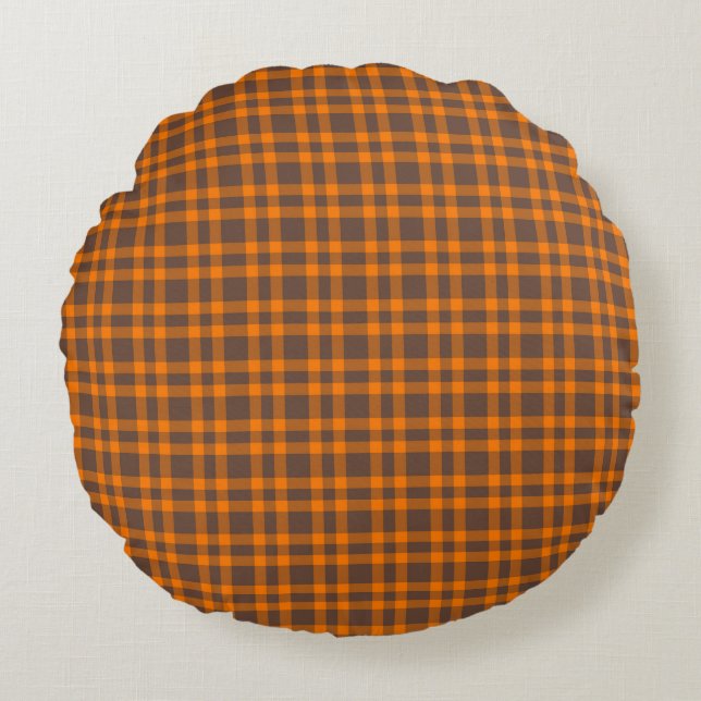 Orange Brown Plaid Pattern Round Cushion (Front)
