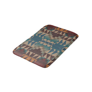 Orange Brown Red Teal Blue Tribal Mosaic Pattern Bath Mat