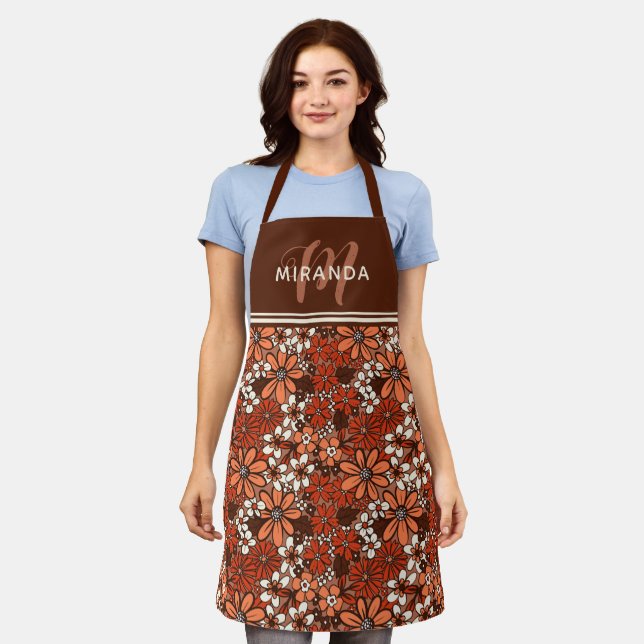 Orange Brown Retro 70s Floral Pattern Monogram Apron (Worn)