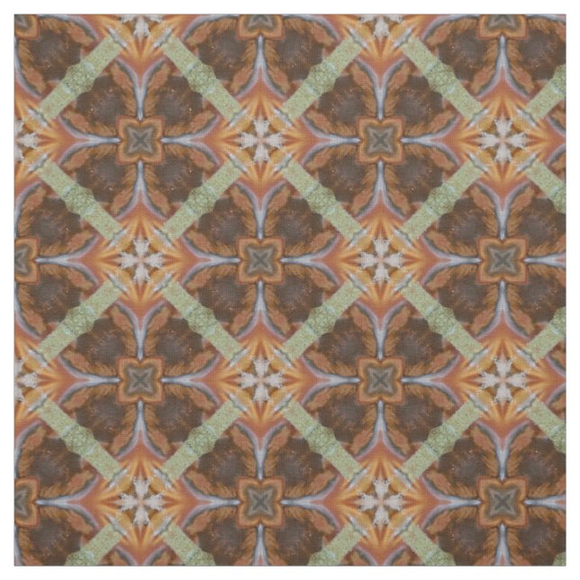 Orange Brown Scrolled Circles Tiled Green Pattern Fabric (Swatch)
