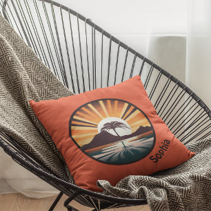 Orange Brown Sun Ray Palm Tree Throw Pillow