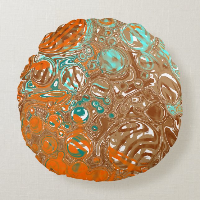 Orange, Brown, Teal and Turquoise Abstract Art     Round Cushion (Front)
