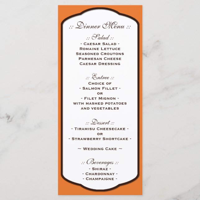 Orange Brown & White Wedding Reception Menus (Front)