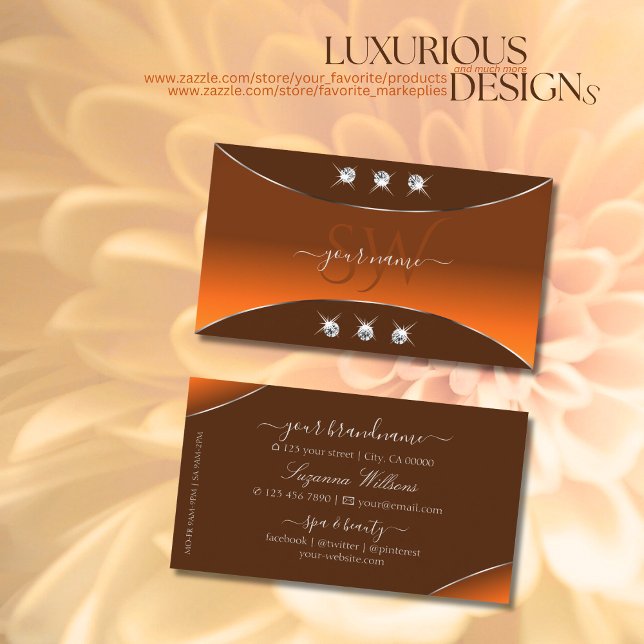 Orange Brown with Silver Decor Jewels and Monogram Business Card (Creator Uploaded)