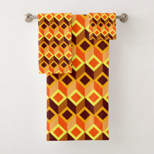 Orange Brown Yellow Cube Pattern Bath Towel Set