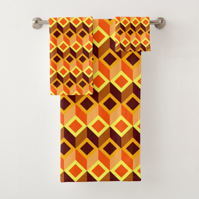 Orange Brown Yellow Cube Pattern Bath Towel Set (Insitu)