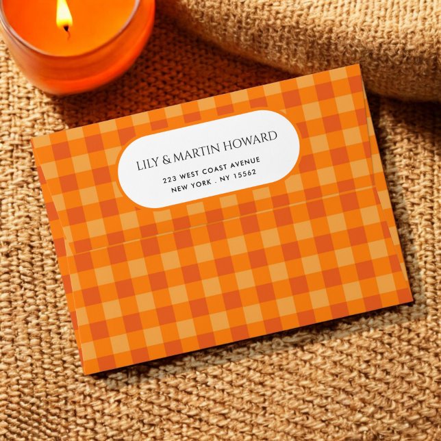 Orange Buffalo Plaid Holiday Return Address  Envelope (Creator Uploaded)