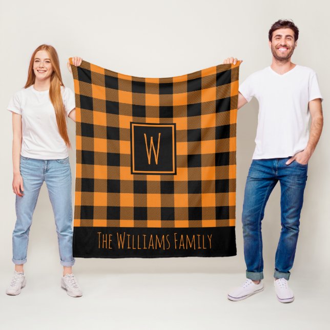 Orange Buffalo Plaid Monogram Custom Name  Fleece Blanket (In Situ)