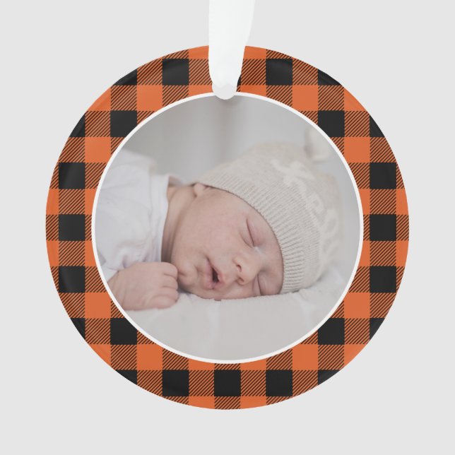 ORANGE BUFFALO PLAID NAME Photo Christmas Keepsake Ornament (Front)