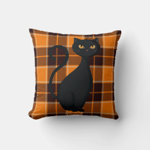 Orange Buffalo Plaid Spooky Black Cat Halloween Cushion