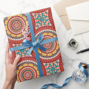 Orange Burgundy and Yellow Circle Mandala  Wrapping Paper