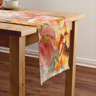 Orange Burgundy Autumn Fall Watercolor Floral Short Table Runner
