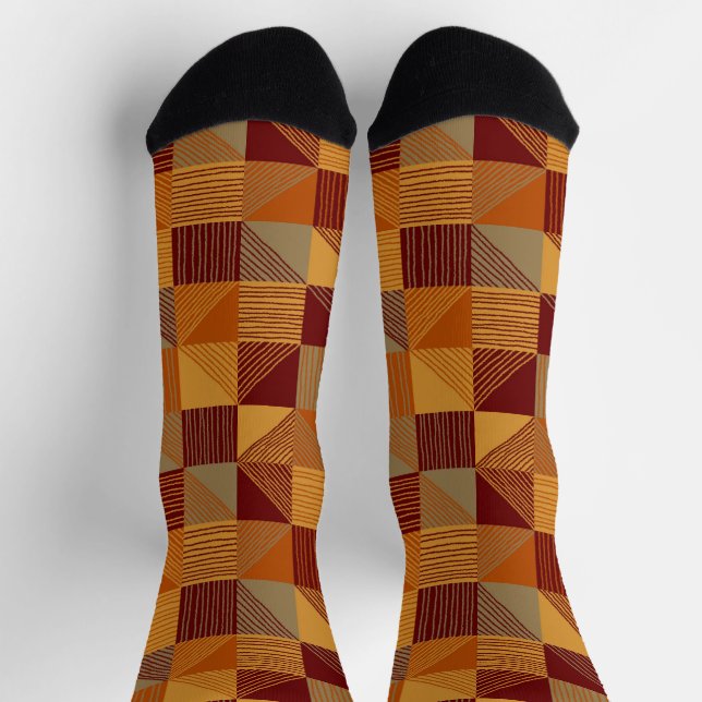 Orange, Burgundy, Brown Checks with Lines Socks (Top)