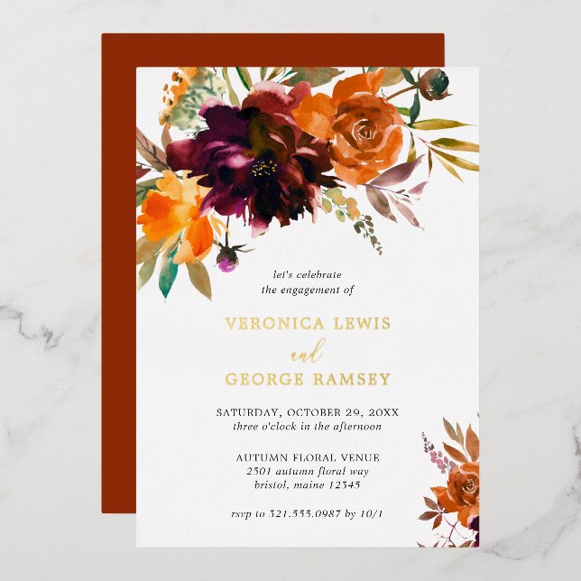 Orange Burgundy Fall Floral Engagement Party Gold (Front/Back)