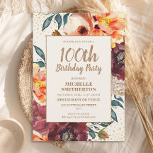 Orange Burgundy Fall Floral Gold Glitter 100th