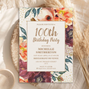 Orange Burgundy Fall Floral Gold Glitter 100th Invitation