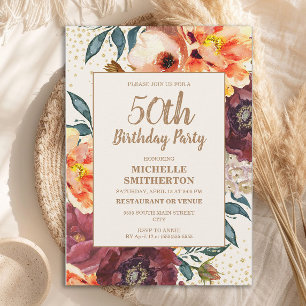 Orange Burgundy Fall Floral Gold Glitter 50th Invitation