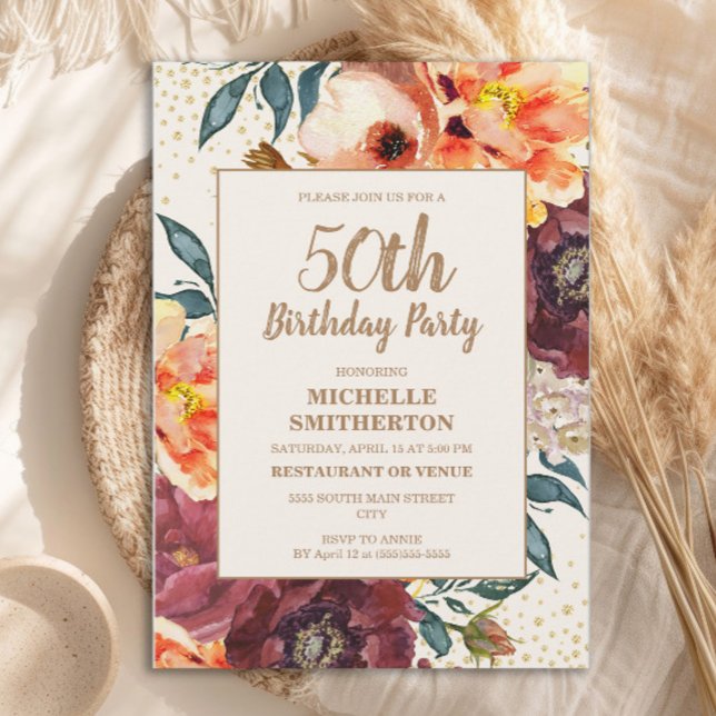 Orange Burgundy Fall Floral Gold Glitter 50th Invitation (Orange and burgundy floral 50th birthday party invitation)