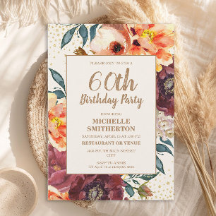 Orange Burgundy Fall Floral Gold Glitter 60th Invitation