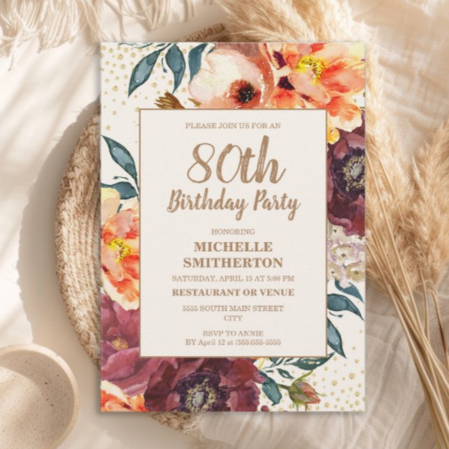 Orange Burgundy Fall Floral Gold Glitter 80th Invitation (Orange and burgundy watercolor floral 80th birthday party invitation)