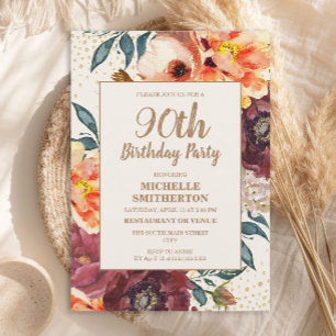 Orange Burgundy Fall Floral Gold Glitter 90th Invitation