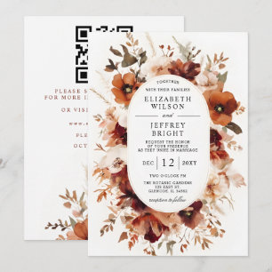 Orange Burgundy Fall Floral QR Code Wedding Invitation