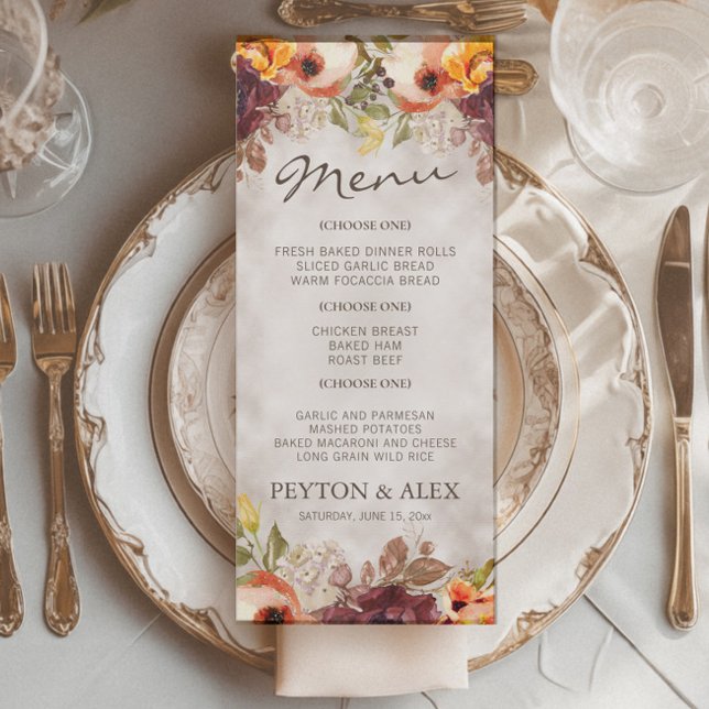 Orange Burgundy Floral Fall Autumn Wedding  Menu (Fall floral wedding menu)