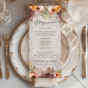 Orange Burgundy Floral Fall Autumn Wedding Menu