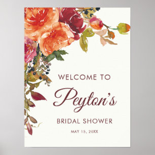 Orange Burgundy Floral Fall Winter Bridal Shower Poster