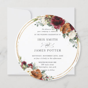 Orange Burgundy Ivory Floral Gold Greenery Wedding Invitation