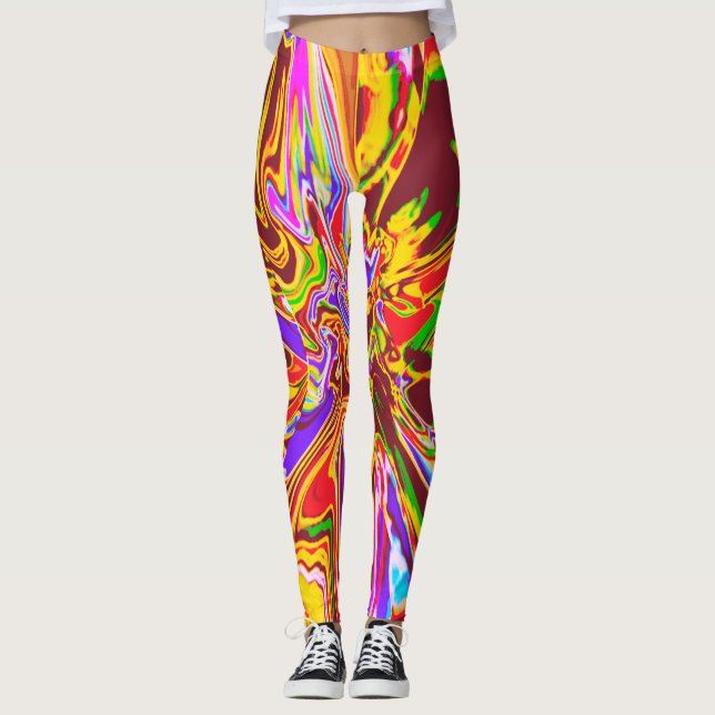 Orange, Burgundy Psychedelic Flower Design Legging (Front)