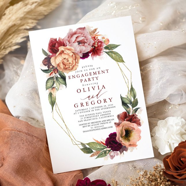 Orange Burgundy Red Fall Engagement Party Invitation (Fall Engagement Party Invitations)