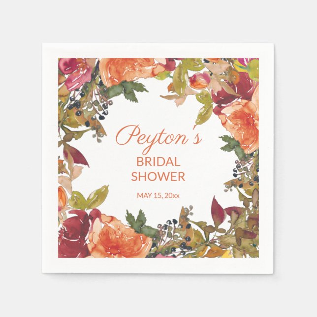 Orange Burgundy Rust Floral Bridal Shower  Napkin (Front)